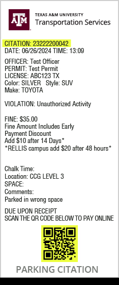 Parking citation printout indicating location of citation number